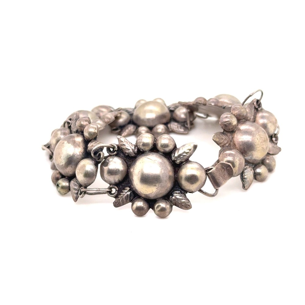Vintage Floral Panel Bracelet Hollow Silver Tone Bead Leaf Design Repair Needed